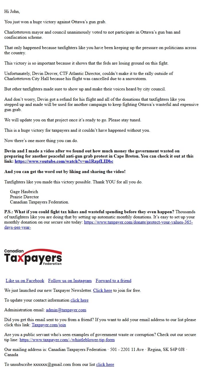 Screenshot of the email generated on import