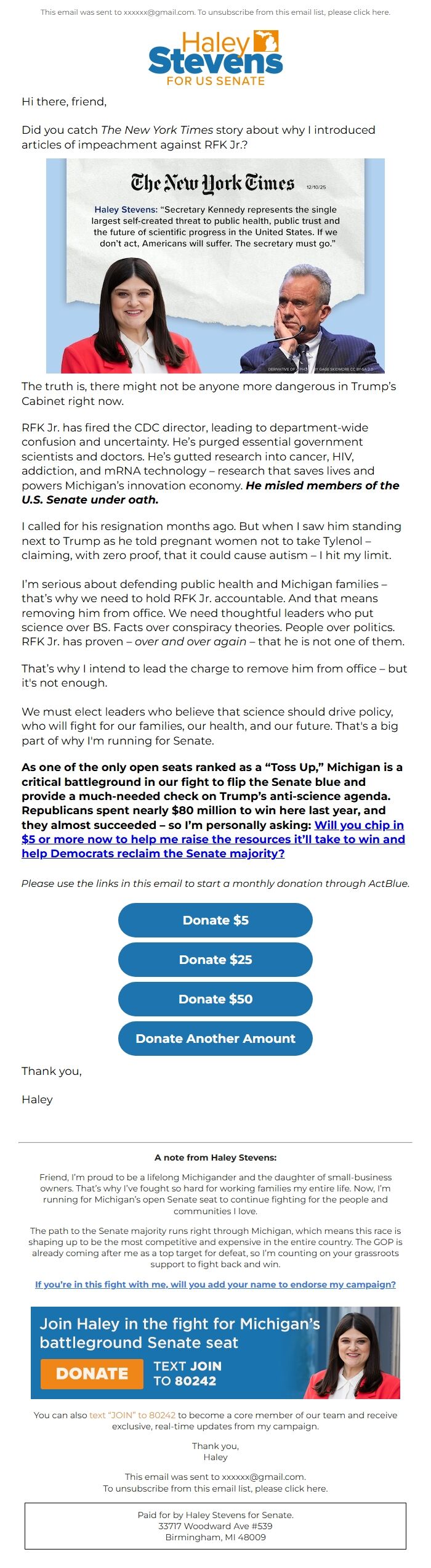 Screenshot of the email generated on import