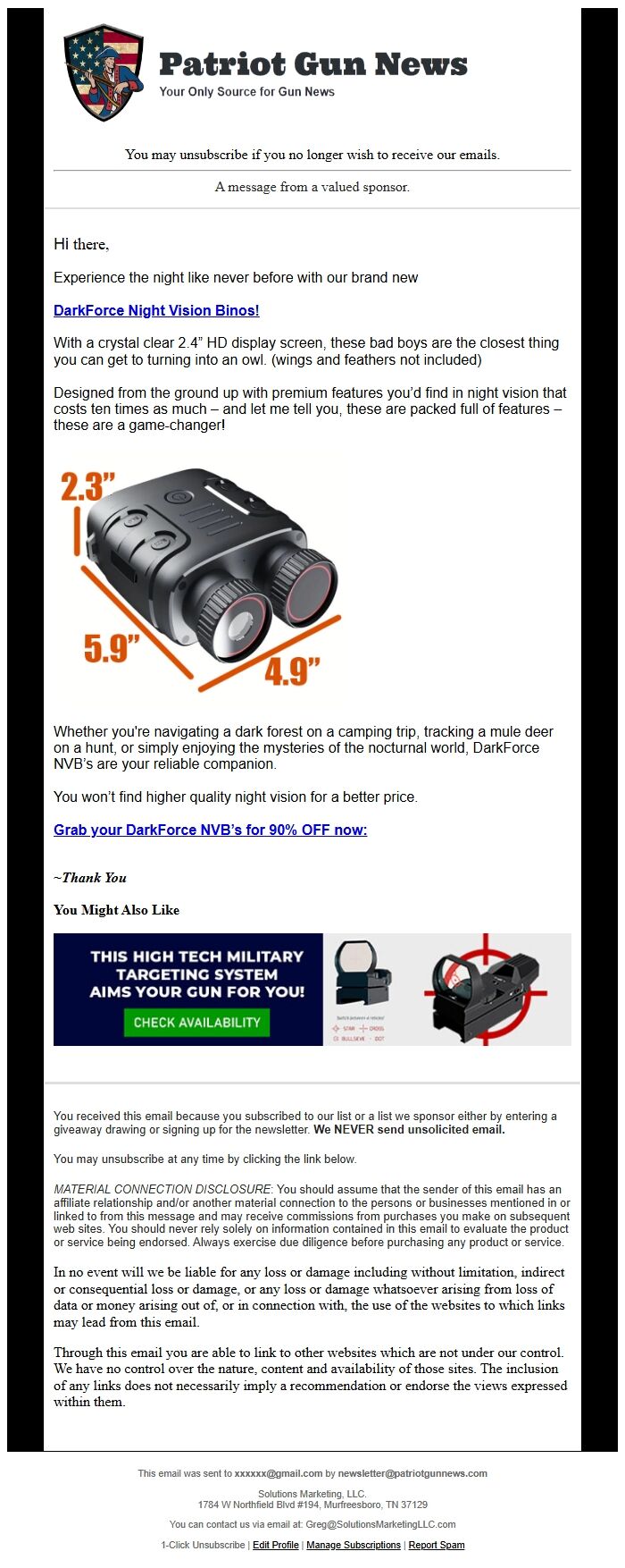 Screenshot of the email generated on import