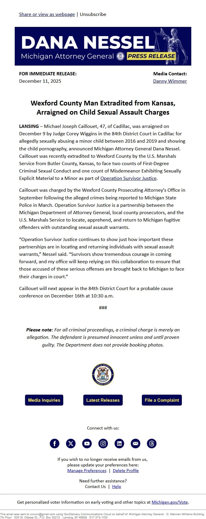 Screenshot of the email generated on import