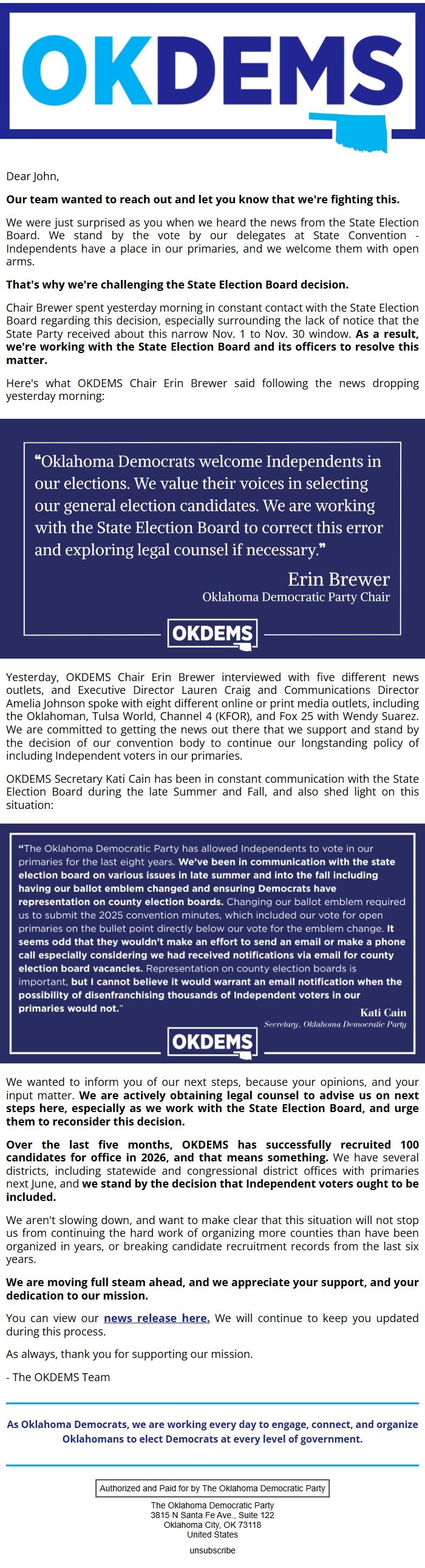 Screenshot of the email generated on import