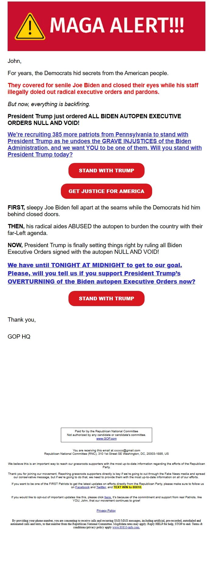 Screenshot of the email generated on import