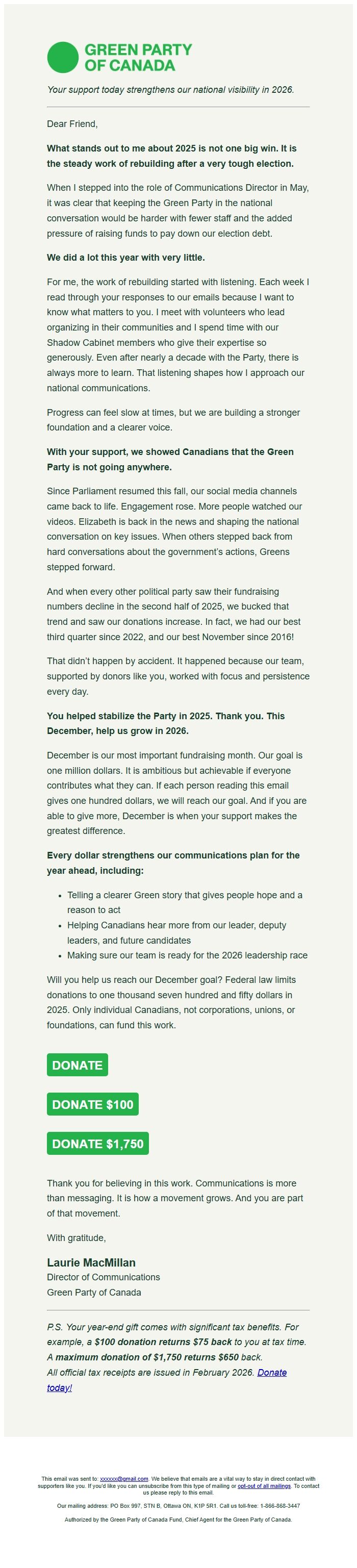 Screenshot of the email generated on import