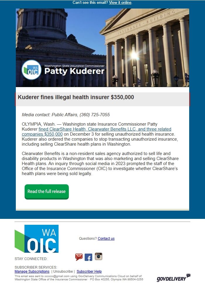 Screenshot of the email generated on import