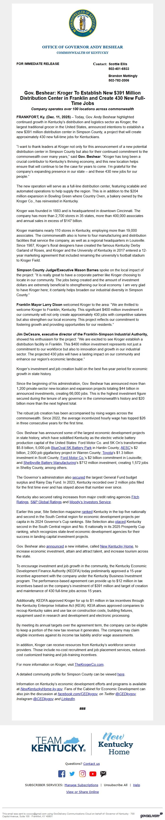 Screenshot of the email generated on import