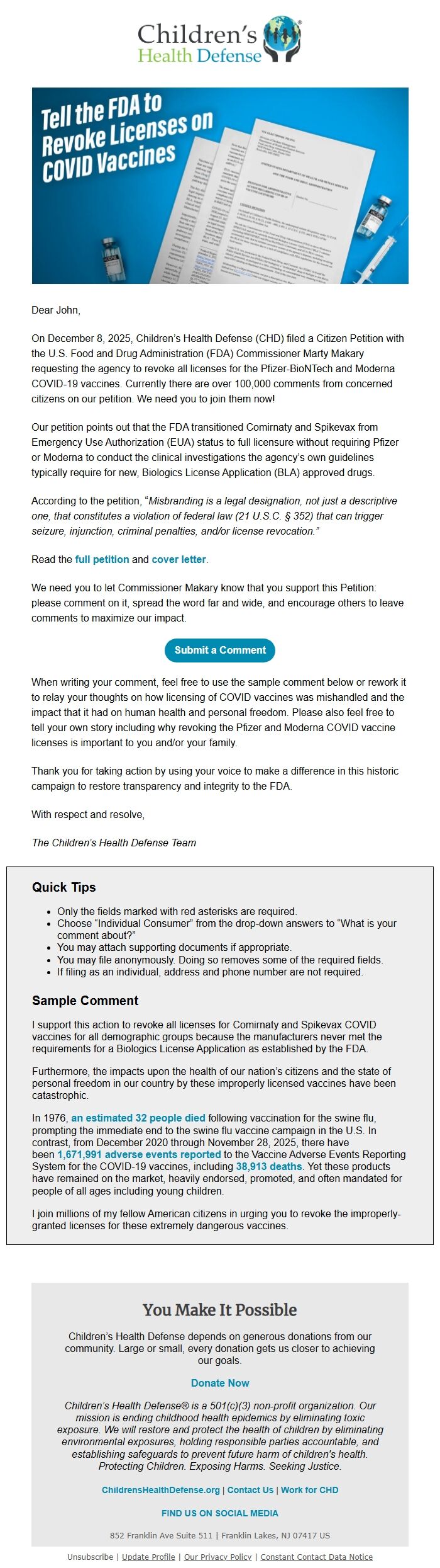 Screenshot of the email generated on import