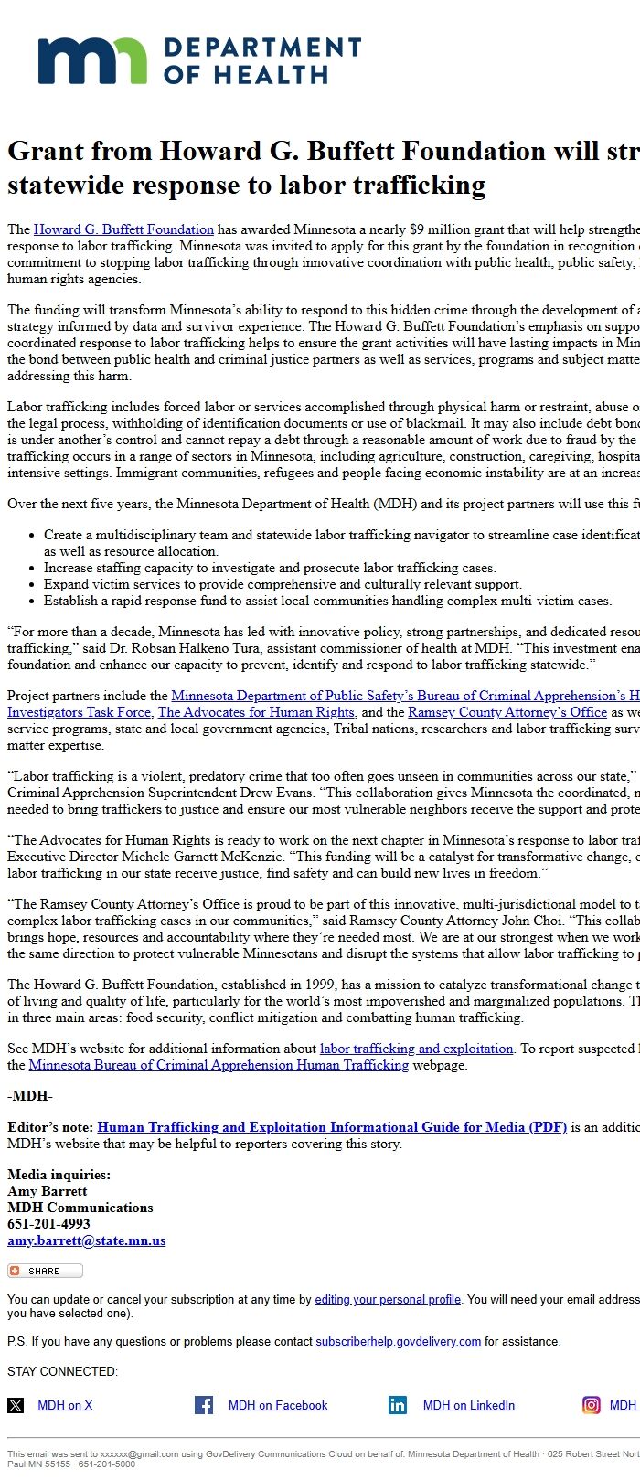 Screenshot of the email generated on import