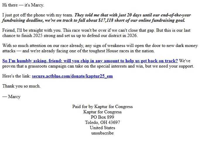 Screenshot of the email generated on import