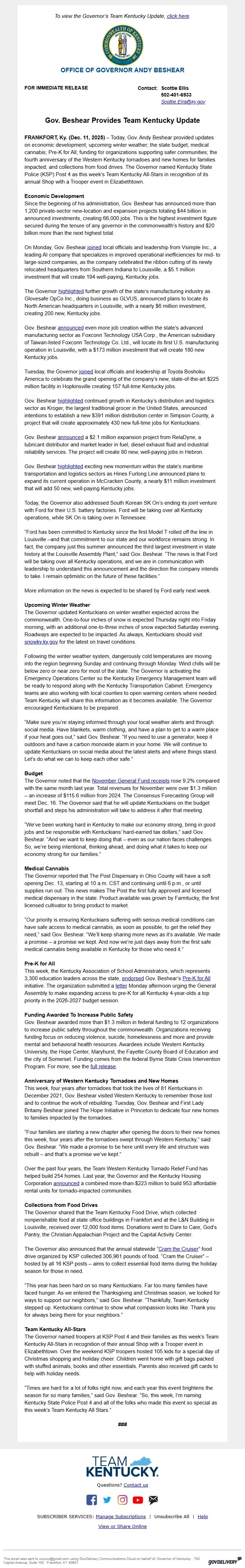 Screenshot of the email generated on import