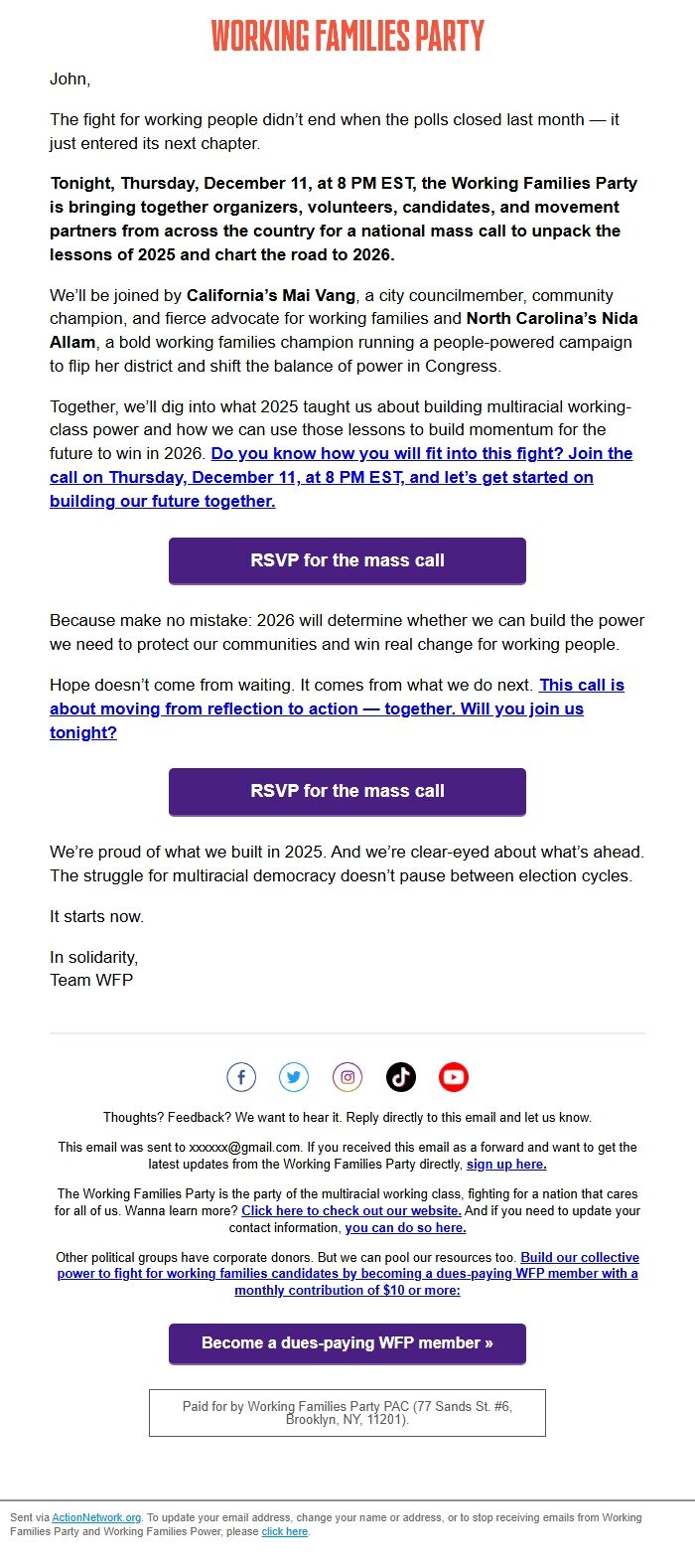 Screenshot of the email generated on import