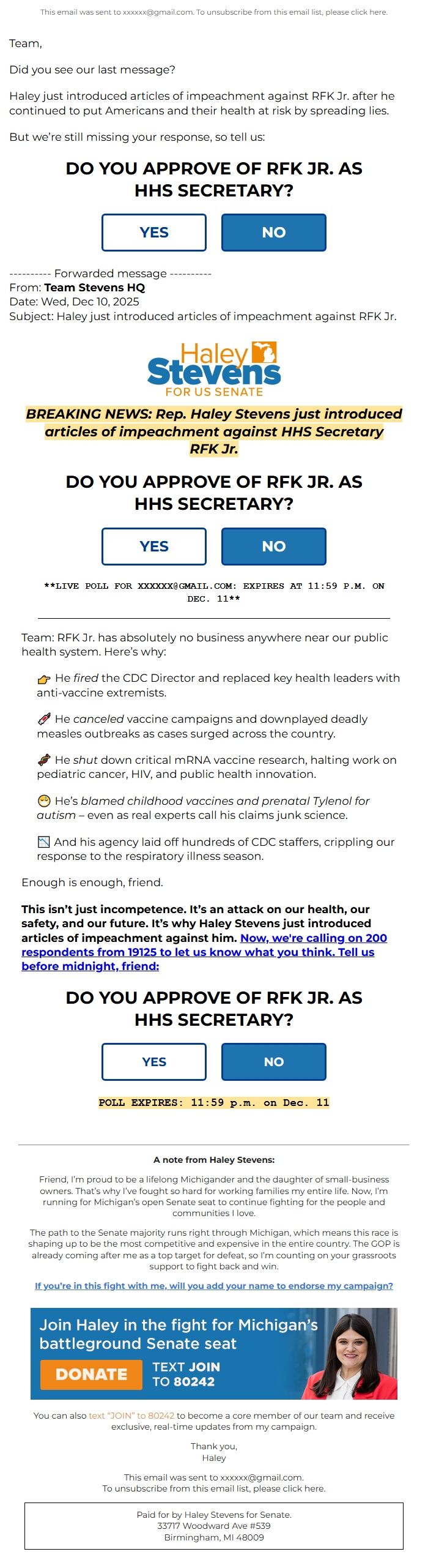 Screenshot of the email generated on import