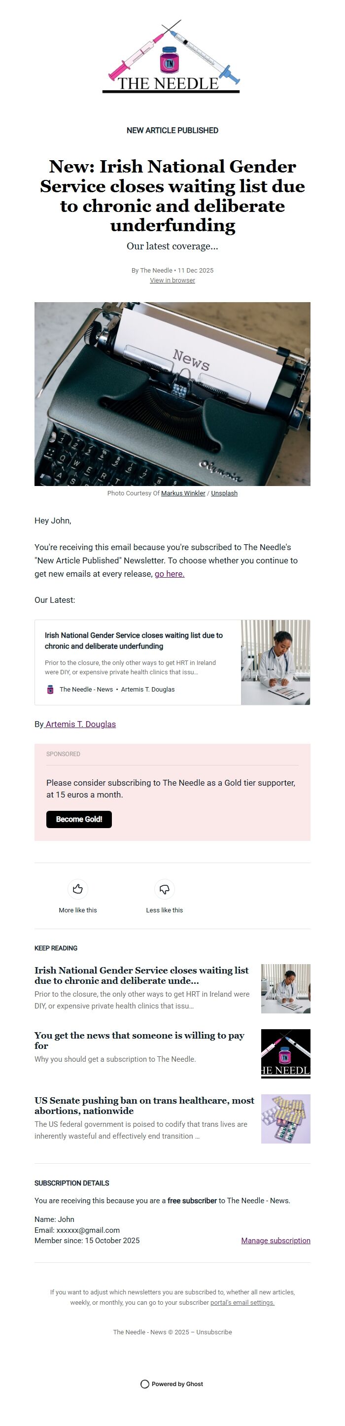 Screenshot of the email generated on import