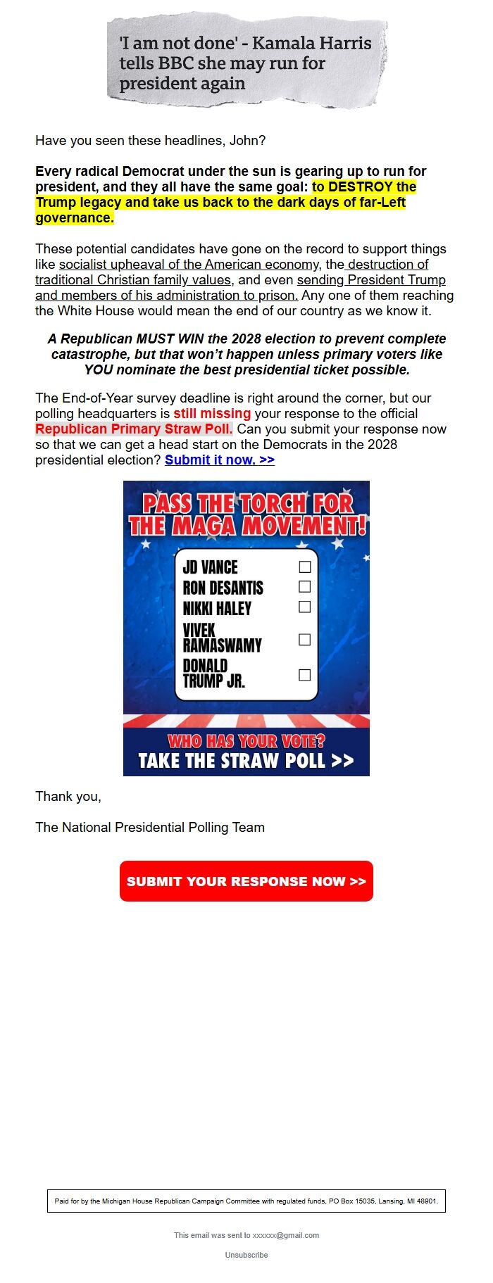 Screenshot of the email generated on import