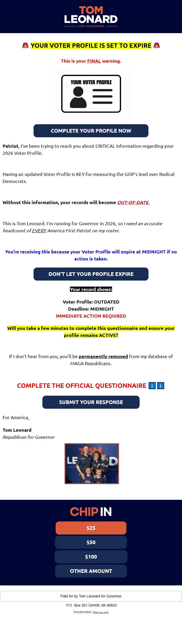 Screenshot of the email generated on import