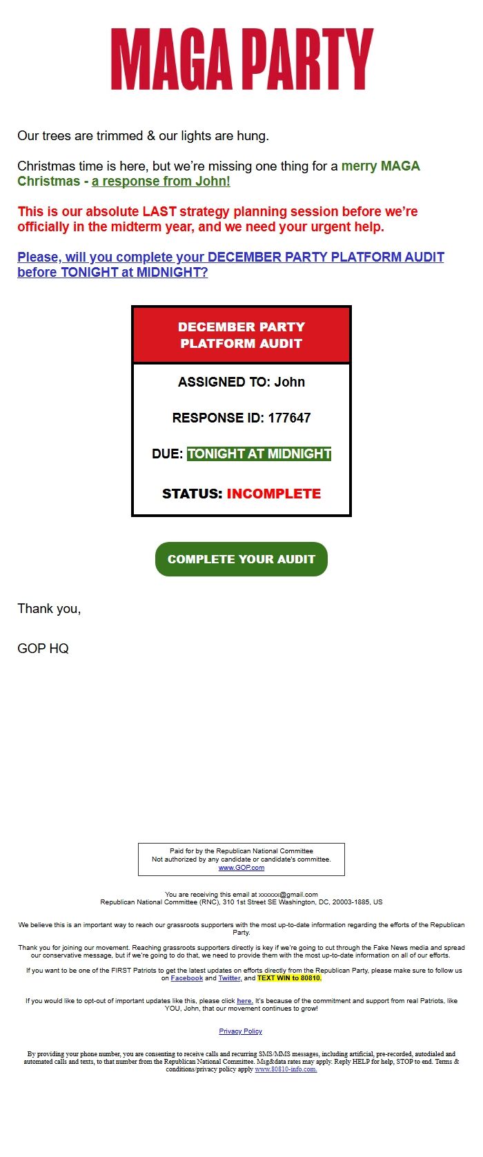 Screenshot of the email generated on import