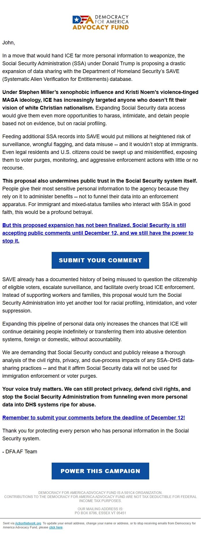 Screenshot of the email generated on import