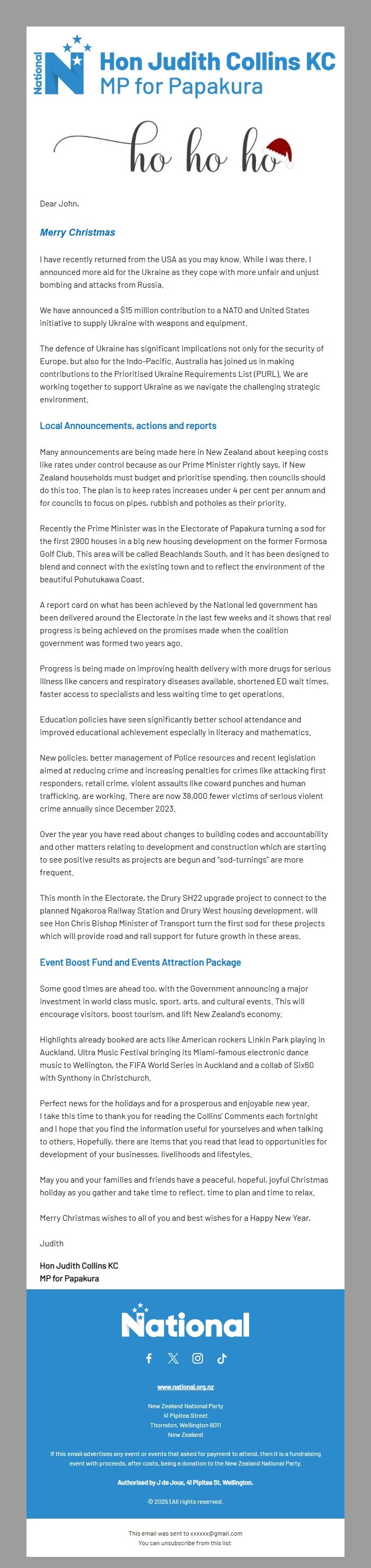 Screenshot of the email generated on import