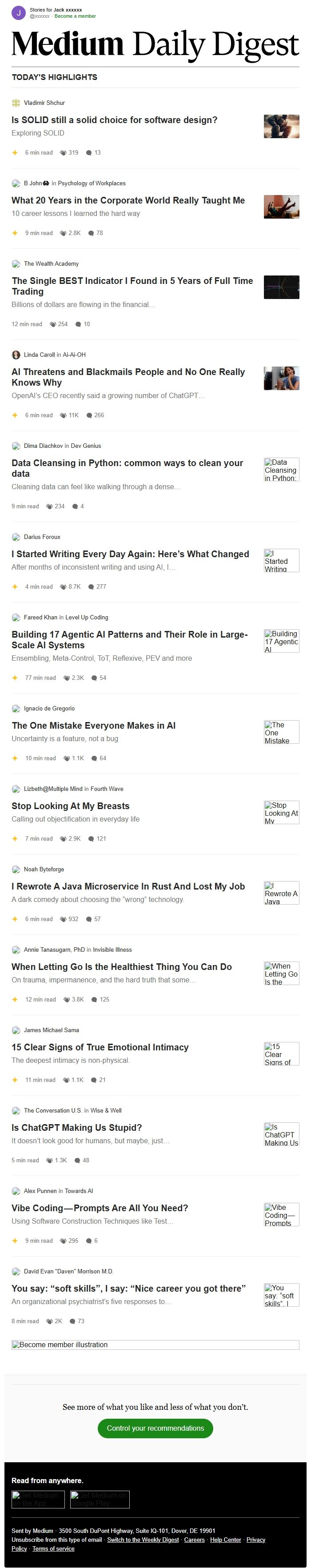 Screenshot of the email generated on import