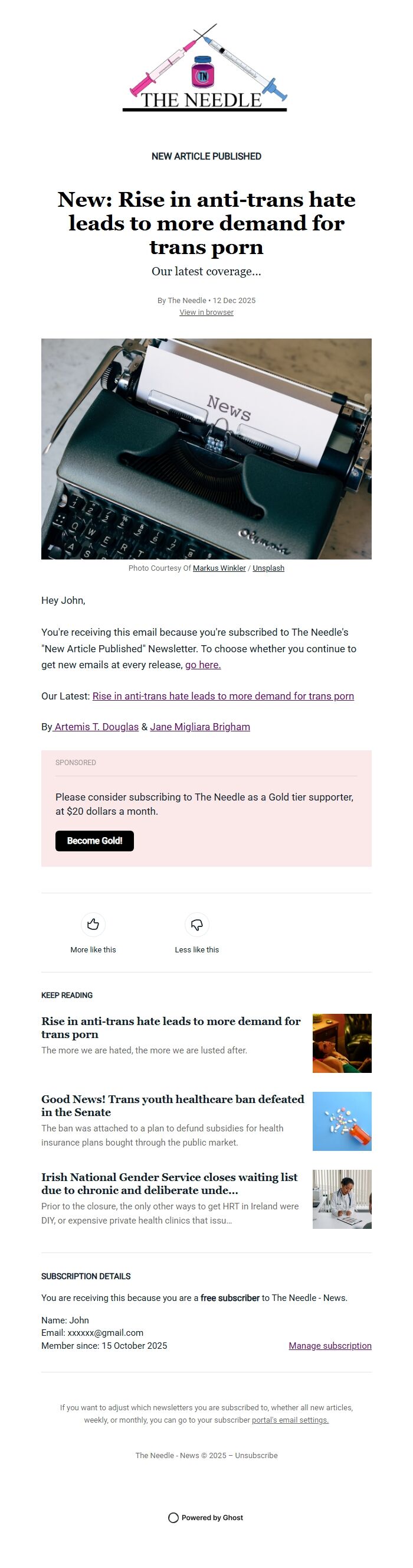 Screenshot of the email generated on import