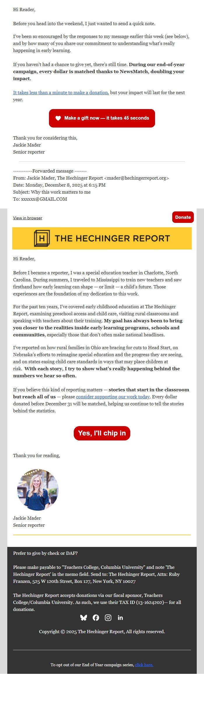 Screenshot of the email generated on import