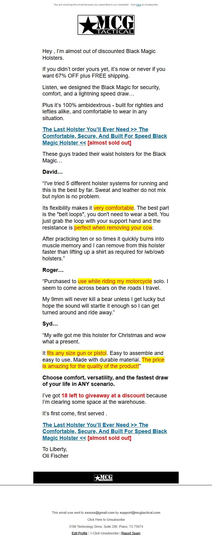 Screenshot of the email generated on import