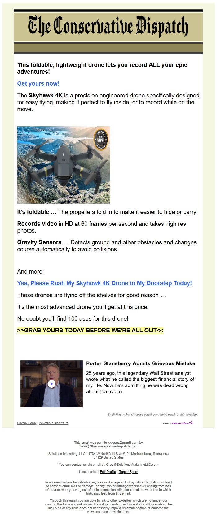 Screenshot of the email generated on import