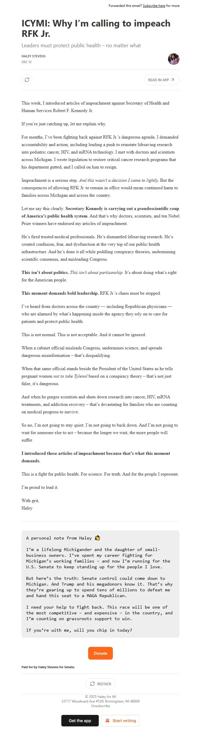 Screenshot of the email generated on import