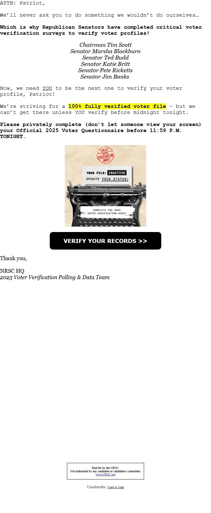 Screenshot of the email generated on import