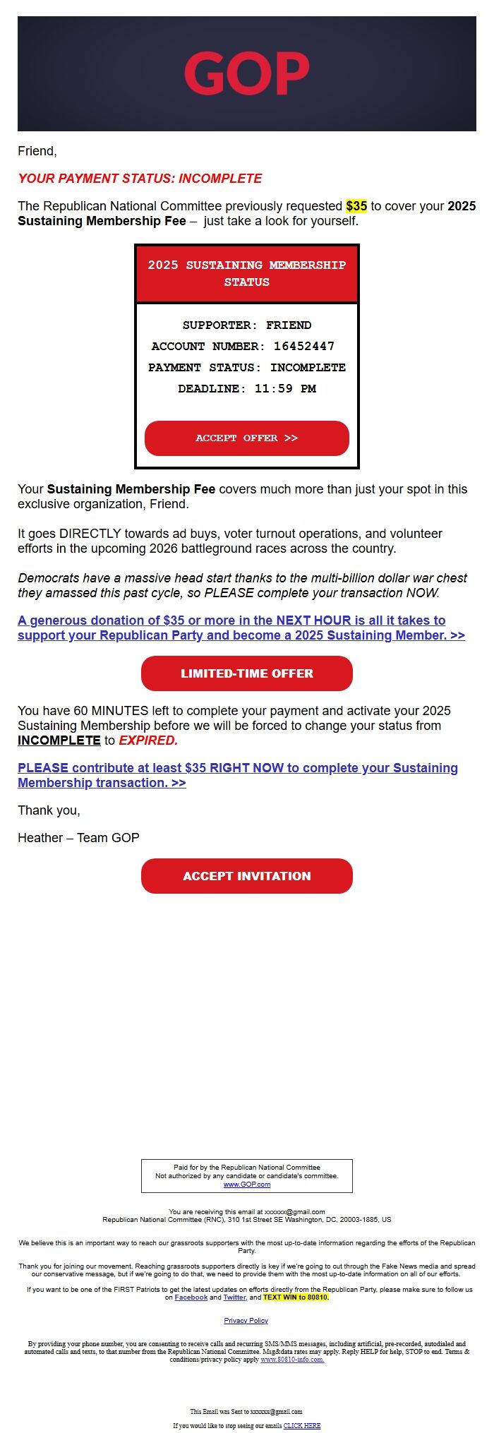 Screenshot of the email generated on import