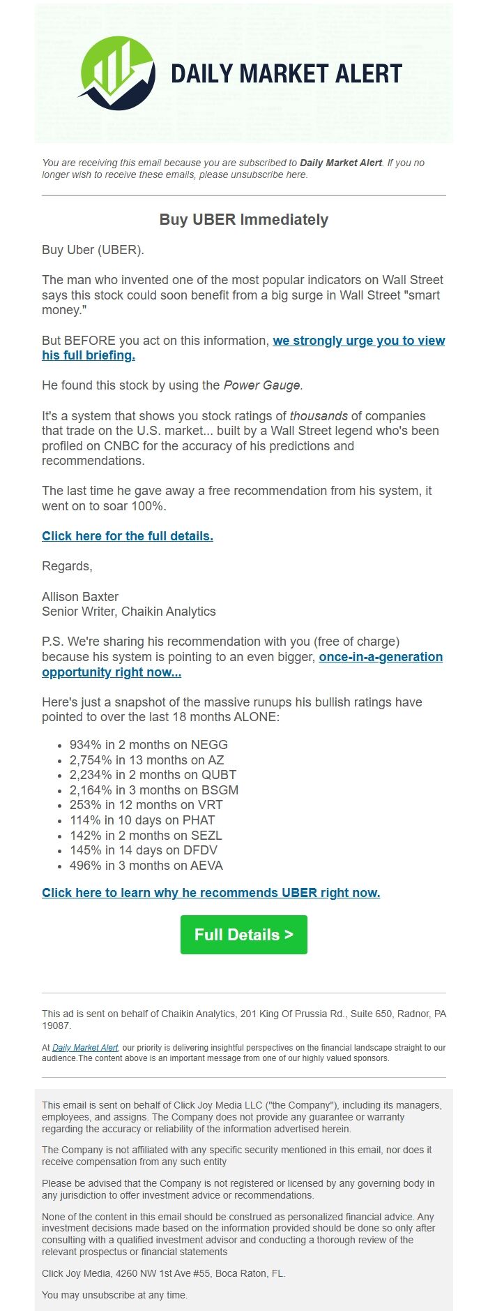 Screenshot of the email generated on import