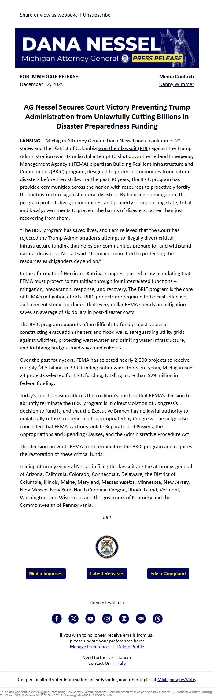 Screenshot of the email generated on import