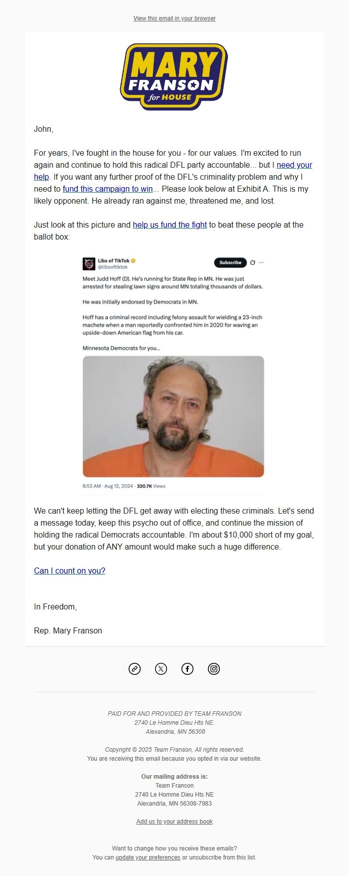 Screenshot of the email generated on import