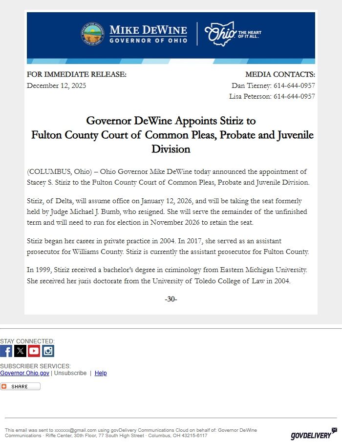 Screenshot of the email generated on import