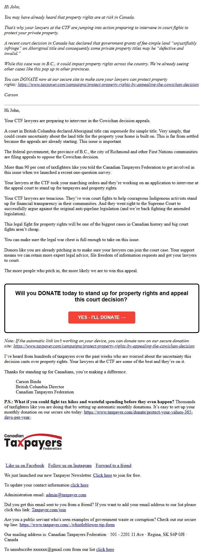 Screenshot of the email generated on import