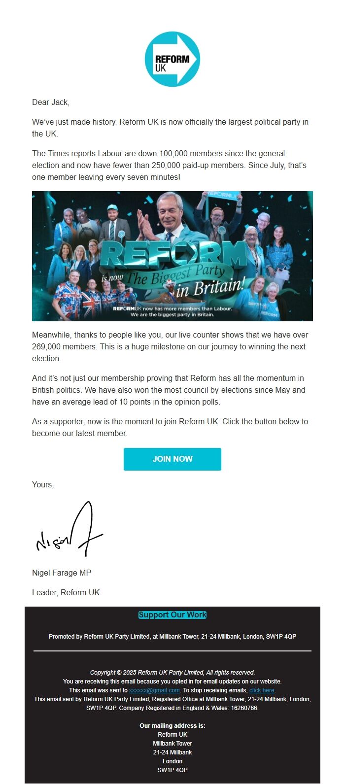 Screenshot of the email generated on import