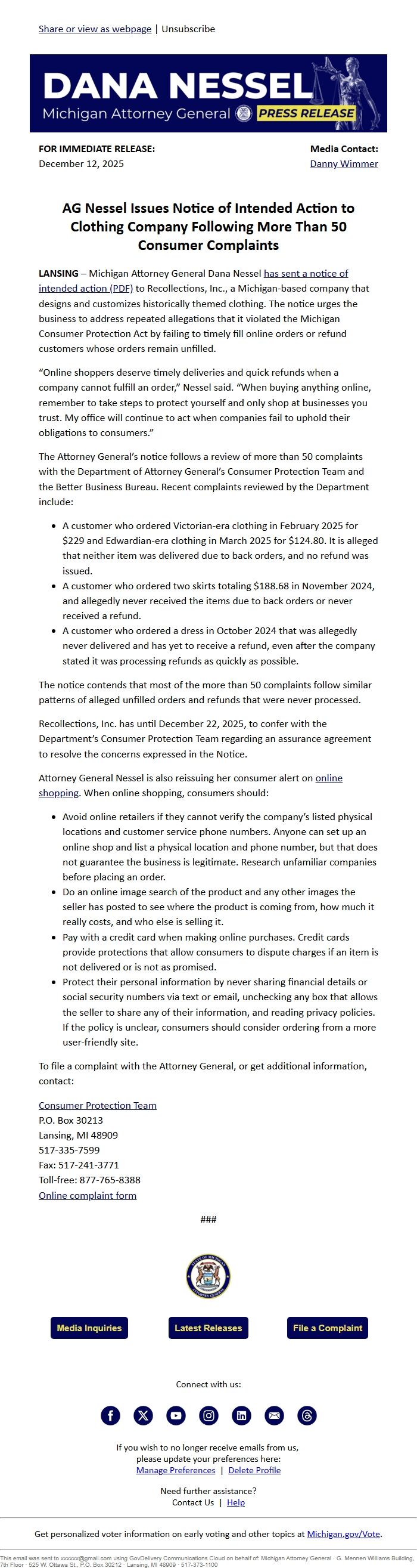 Screenshot of the email generated on import