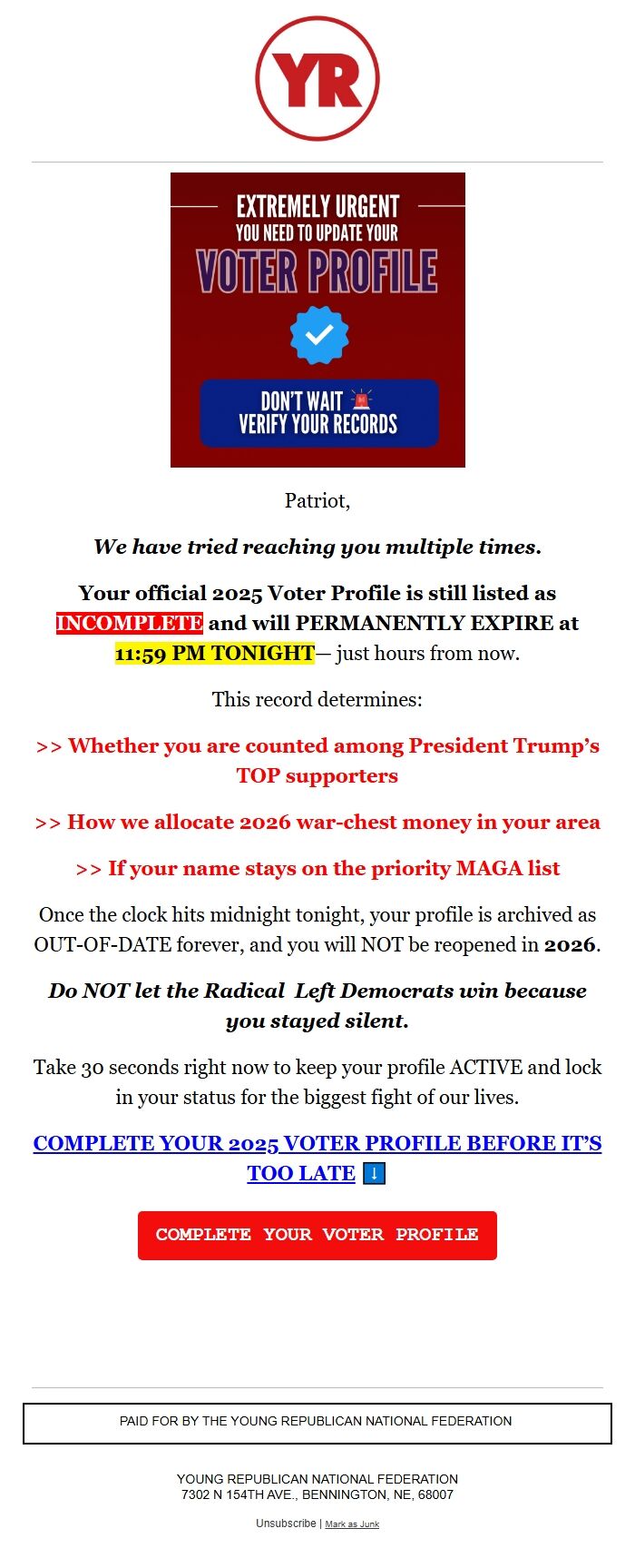 Screenshot of the email generated on import