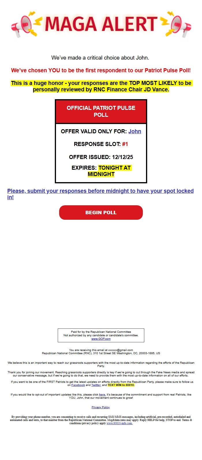 Screenshot of the email generated on import