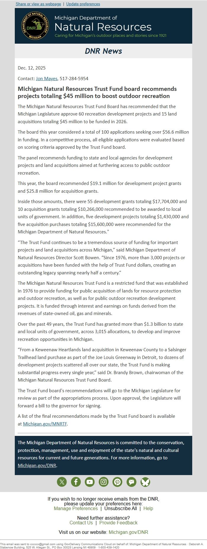 Screenshot of the email generated on import