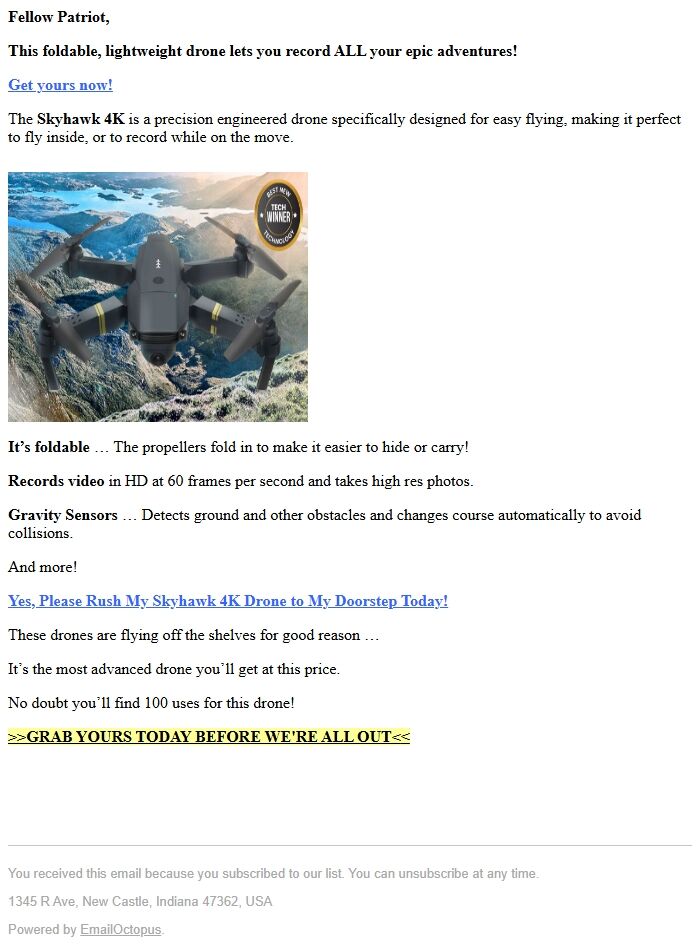 Screenshot of the email generated on import