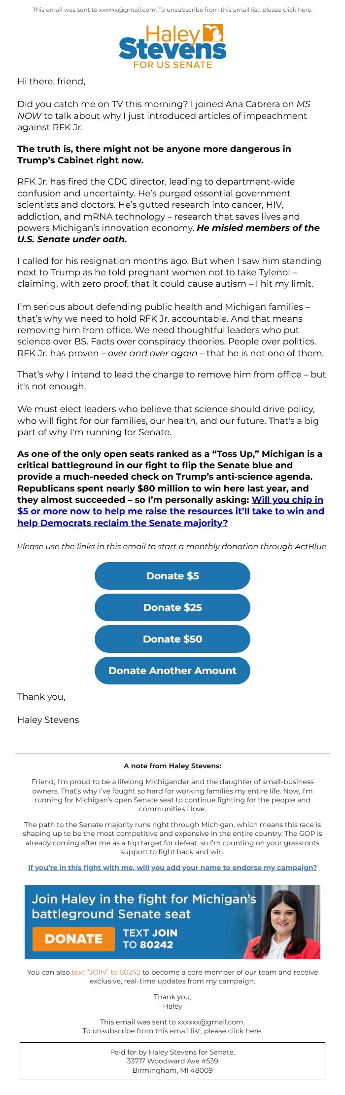 Screenshot of the email generated on import