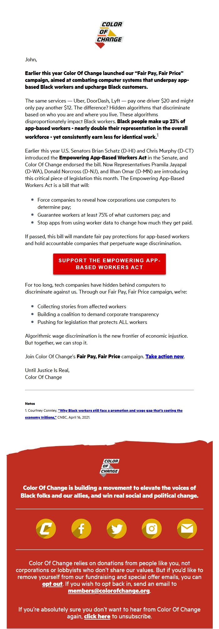 Screenshot of the email generated on import