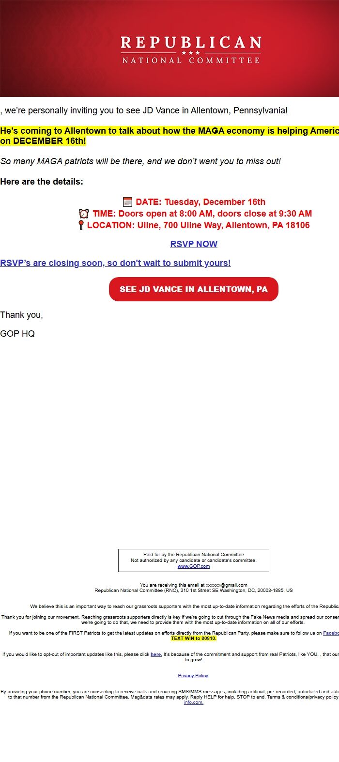 Screenshot of the email generated on import