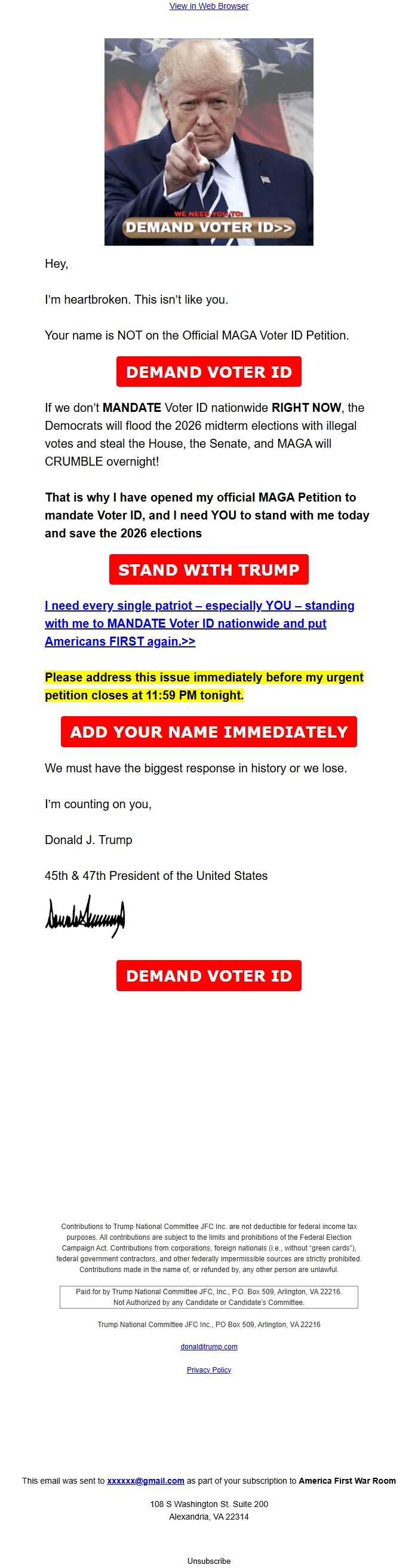 Screenshot of the email generated on import