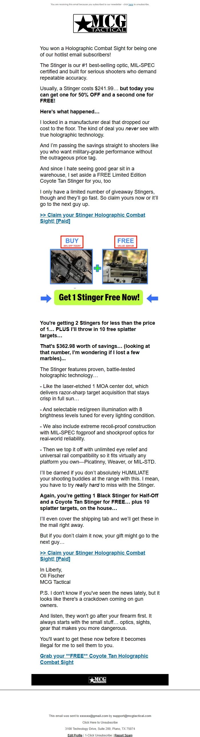 Screenshot of the email generated on import