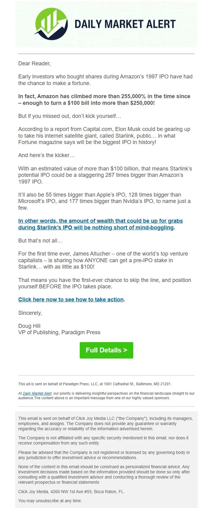 Screenshot of the email generated on import