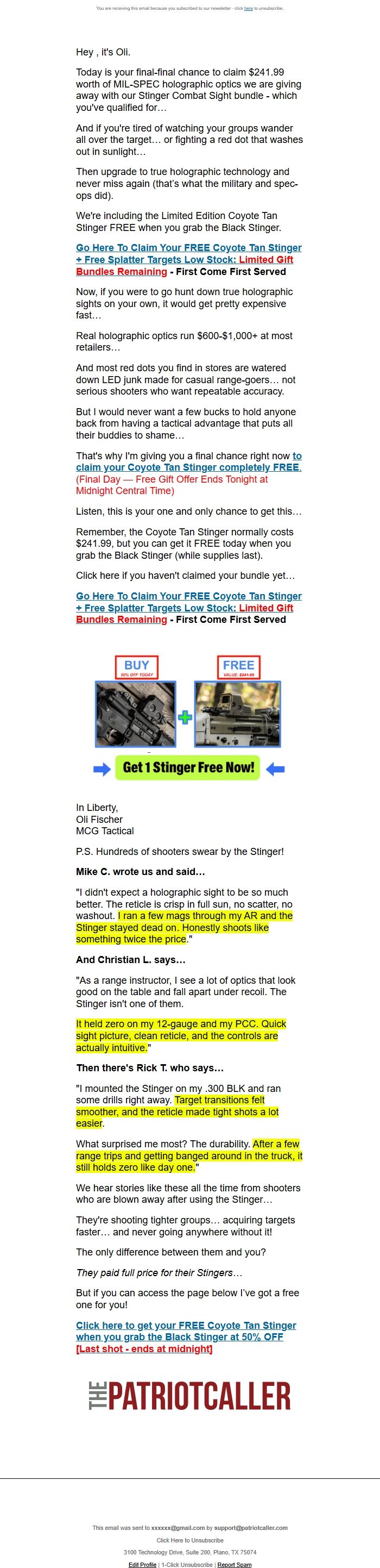 Screenshot of the email generated on import