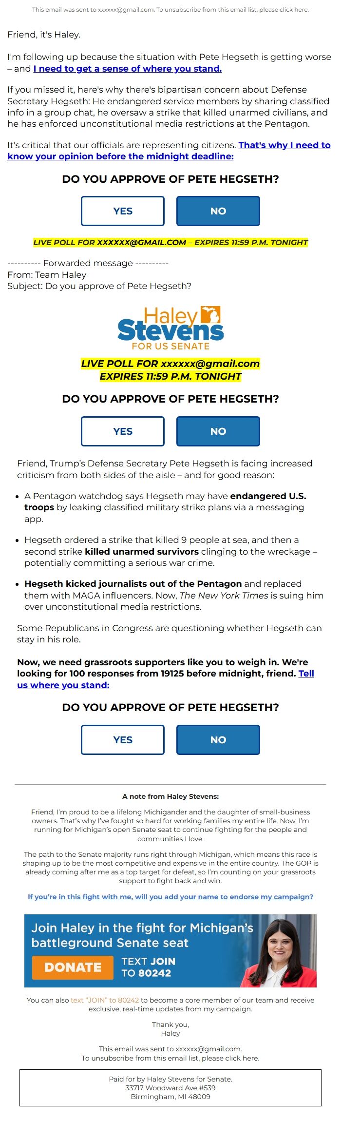 Screenshot of the email generated on import