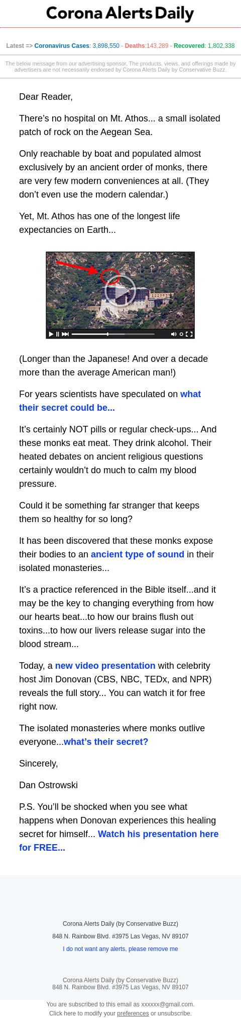 Screenshot of the email generated on import