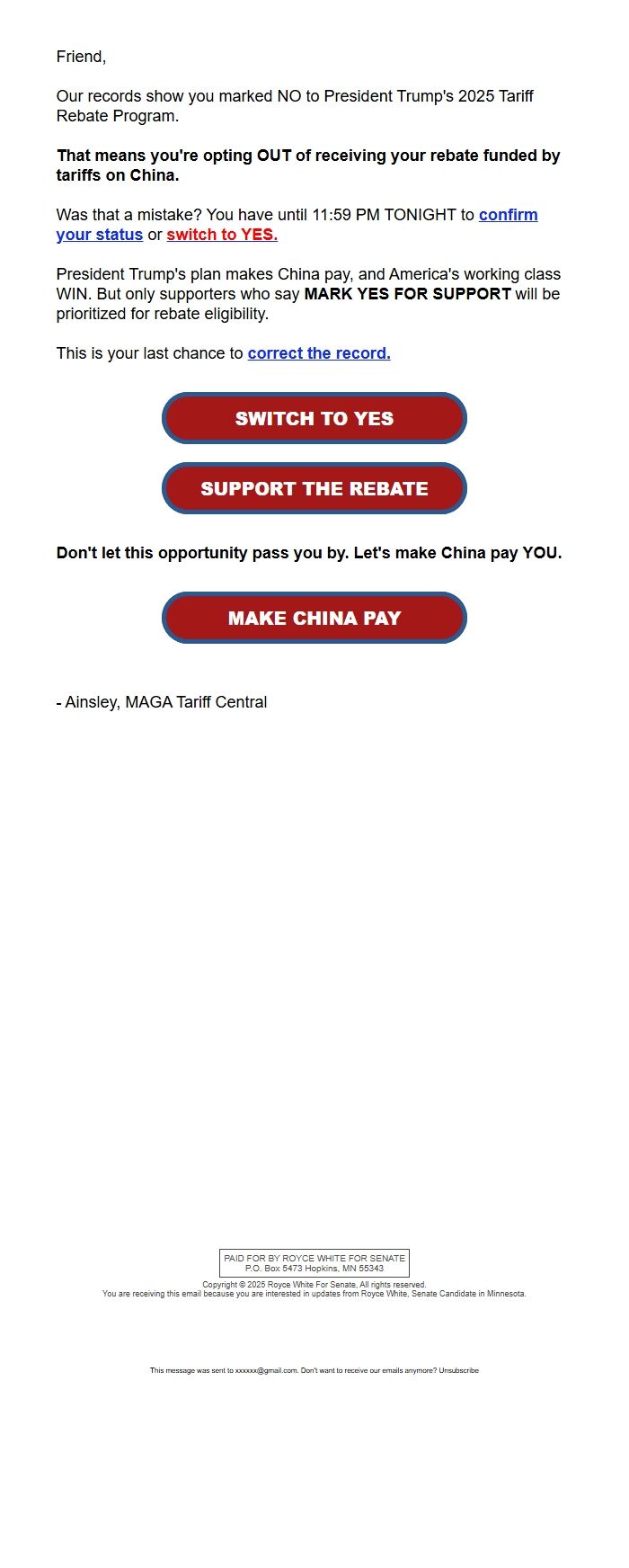 Screenshot of the email generated on import